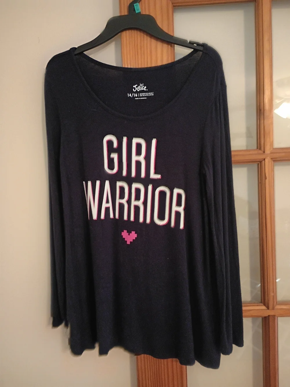 Justice Navy Long Sleeve Tee with Pink and White GIRL WARRIOR Graphic